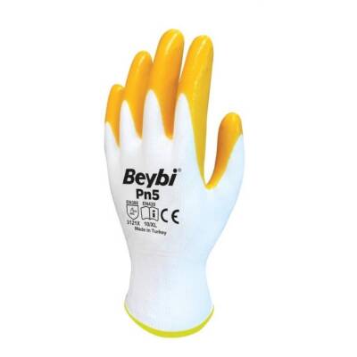 Beybi Pn5 Eldiven, Polyester Örme Nitril Eldiven, 10XL, Beyaz - Sarı - Beybi