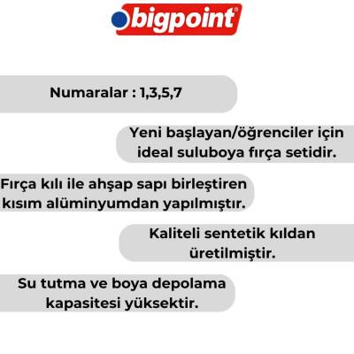 Bigpoint 123 Serisi Sentetik Kıl Fırça Seti,4’lü, No:1,3,5,7, Suluboya - 4