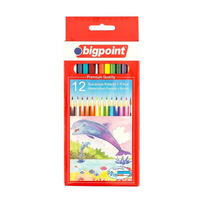 Bigpoint Aquarelle Boya Kalemi ve Fırça, 12 Renkli, Altıgen Gövde - Bigpoint