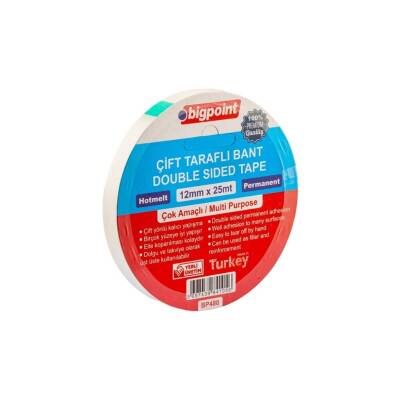 Bigpoint Çift Taraflı Hotmelt Bant, 12 mm x 25 m, Tüm Yüzeyler İçin - 1