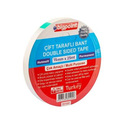 Bigpoint Çift Taraflı Hotmelt Bant, 15 mm x 25 m, Tüm Yüzeyler İçin - 1
