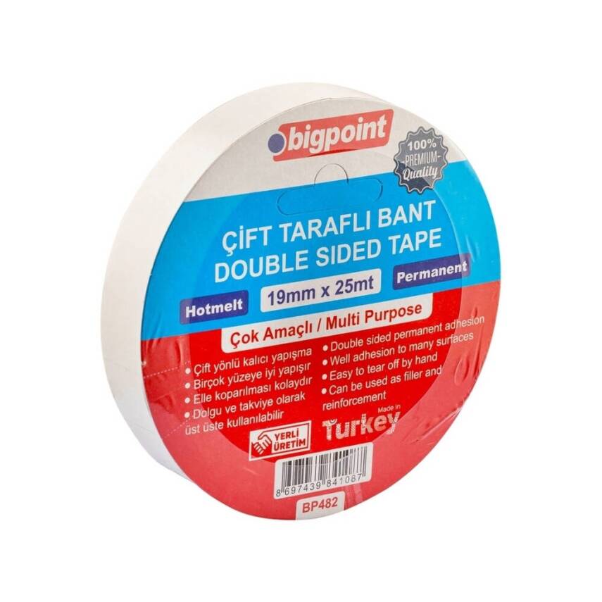 Bigpoint Çift Taraflı Hotmelt Bant, 19 mm x 25 m, Tüm Yüzeyler İçin - 1