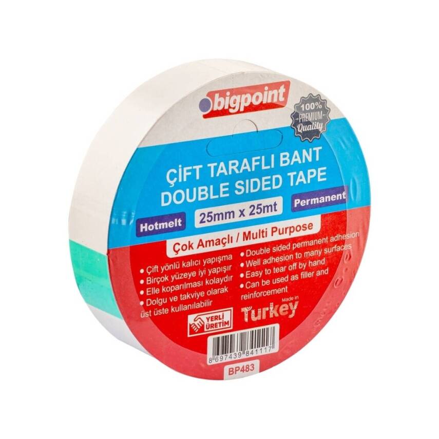 Bigpoint Çift Taraflı Hotmelt Bant, 25 mm x 25 m, Tüm Yüzeyler İçin - 1
