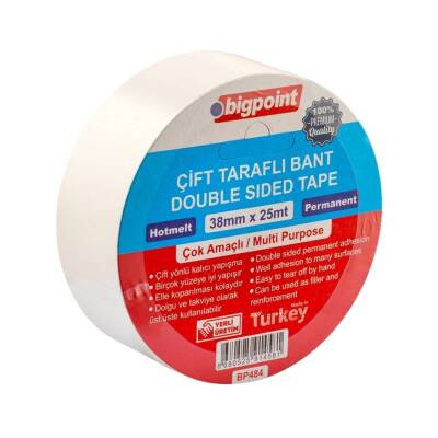 Bigpoint Çift Taraflı Hotmelt Bant, 38 mm x 25 m, Tüm Yüzeyler İçin - 1