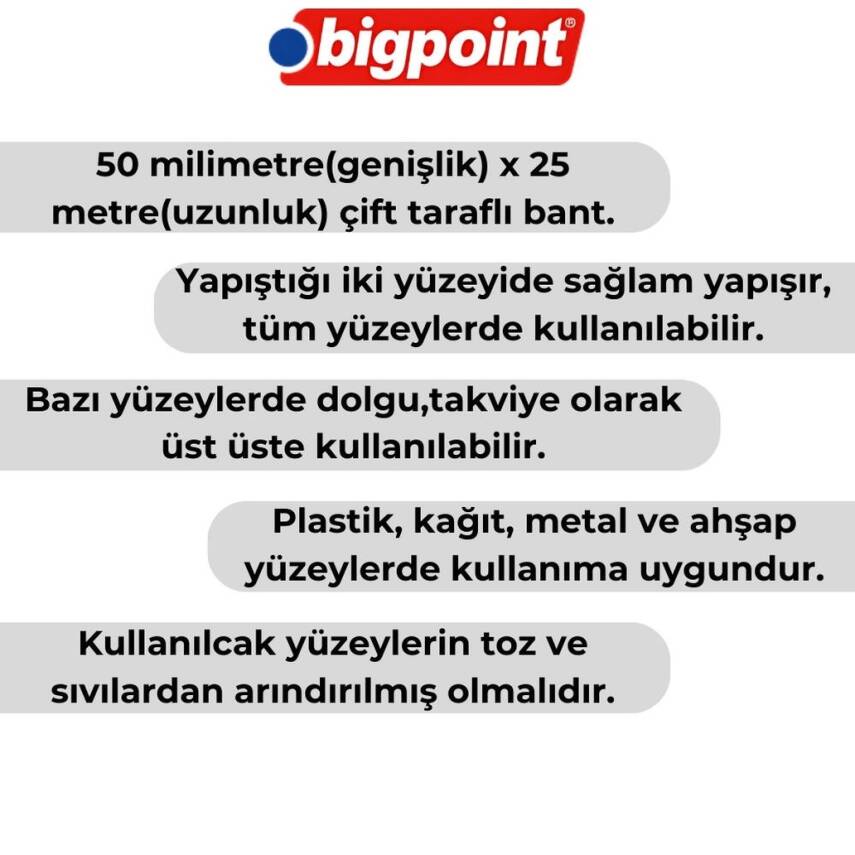 Bigpoint Çift Taraflı Hotmelt Bant, 58 mm x 25 m, Tüm Yüzeyler İçin - 3