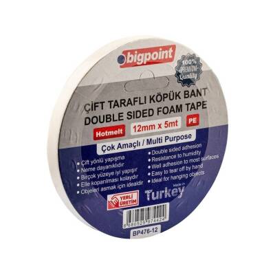 Bigpoint Çift Taraflı Köpük Bant, 12 mm x 5 m, Dayanıklı Montaj Bandı - Bigpoint