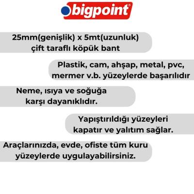 Bigpoint Çift Taraflı Köpük Hotmelt Bant, 25mm x 5m, Montaj İçin İdeal - 2