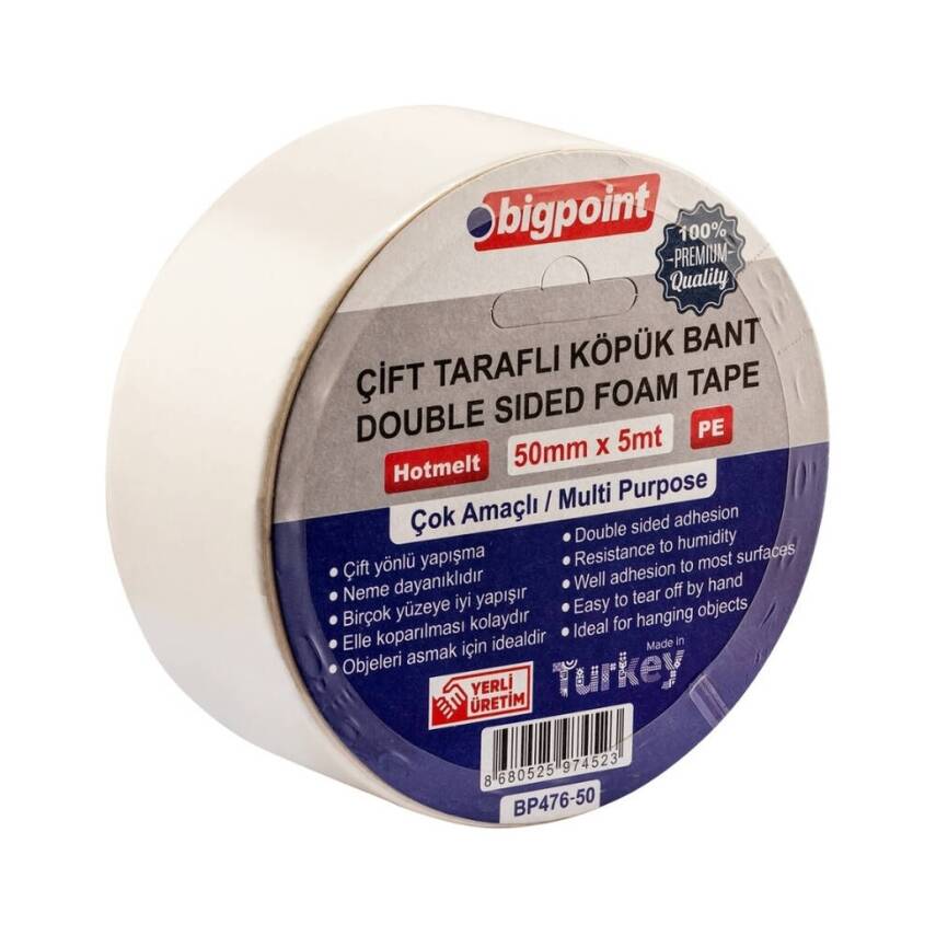 Bigpoint Çift Taraflı Köpük Hotmelt Bant, 50mm x 5m, Montaj İçin İdeal - 1