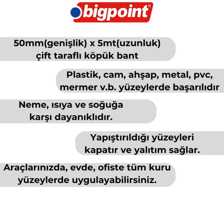Bigpoint Çift Taraflı Köpük Hotmelt Bant, 50mm x 5m, Montaj İçin İdeal - 2