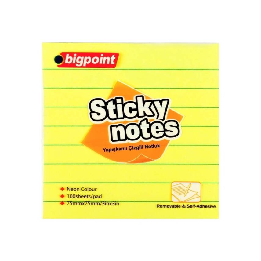 Bigpoint Çizgili Postit, 75x75 mm, 100 Yaprak, Neon Sarı - 1