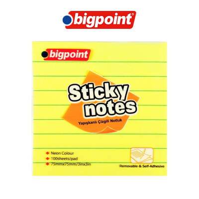 Bigpoint Çizgili Postit, 75x75 mm, 100 Yaprak, Neon Sarı - 3
