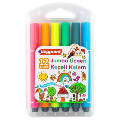Bigpoint Jumbo Üçgen Keçeli Kalem Seti, 12 Renk, Su Bazlı, Dayanıklı - Bigpoint