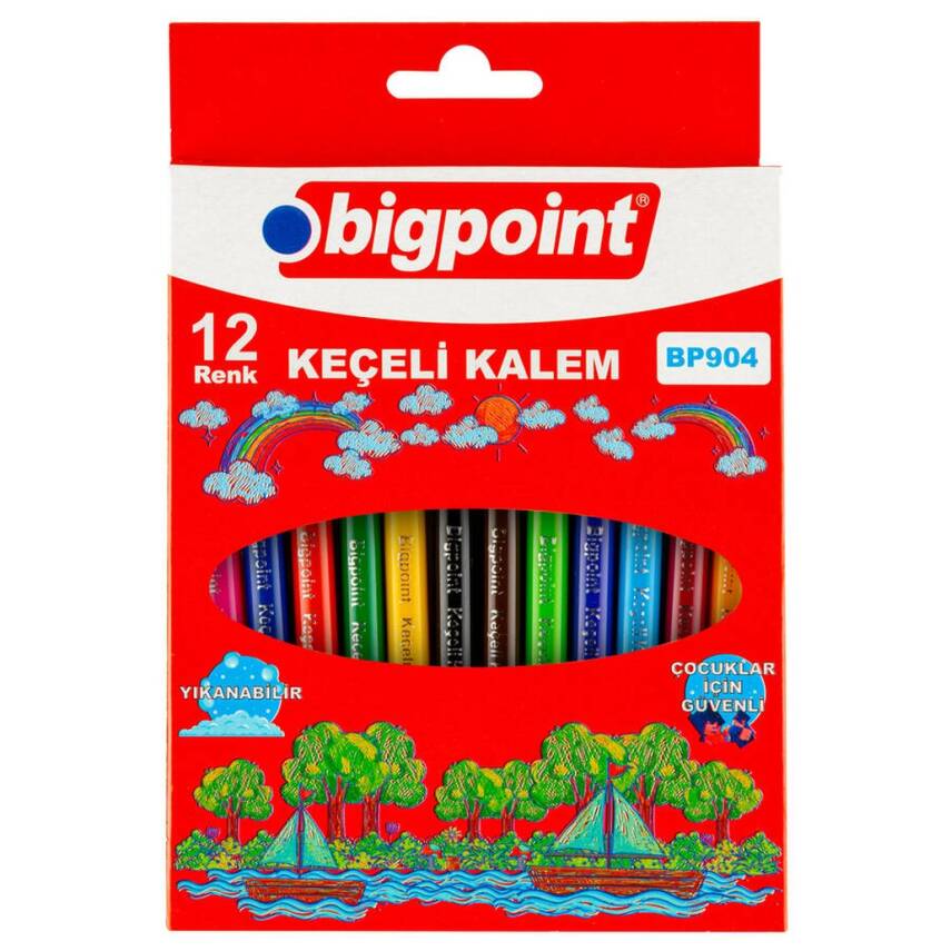 Bigpoint Keçeli Kalem Seti, 12 Renk, Kolay Temizlenir, Karton Kılıflı - 1