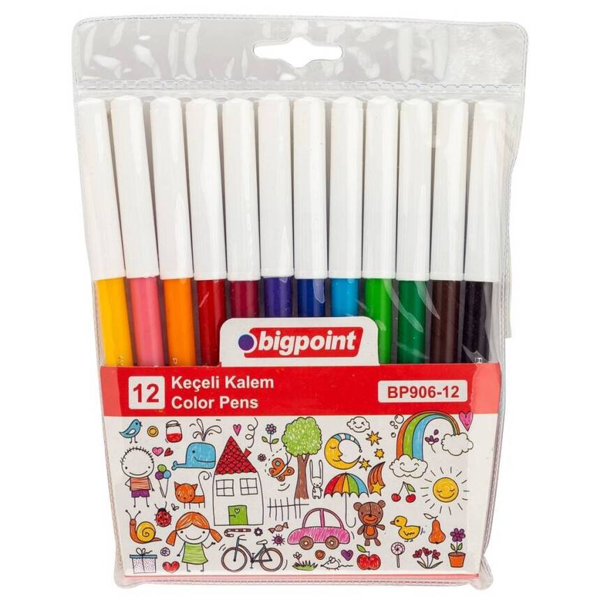 Bigpoint Keçeli Kalem Seti, 12 Renk, Kolay Temizlenir, Plastik Kılıflı - 1
