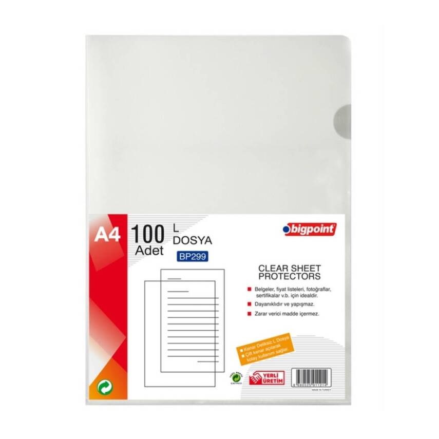 Bigpoint L Dosya, Standart, 90 Mikron, 100'lü, A4, Kolay Arşivleme - 1