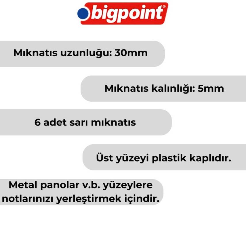 Bigpoint Magnet 30 mm Mıknatıs, Sarı, 6’lı Blister, Plastik Kaplama - 3