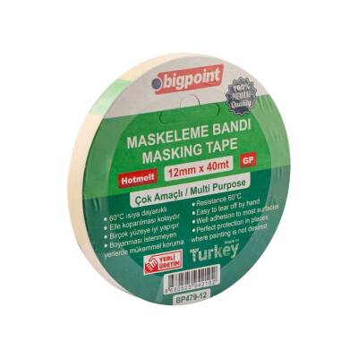 Bigpoint Maskeleme Bandı, 12 mm x 40 m, Hotmelt Tutkallı, Özel Yapışma - Bigpoint