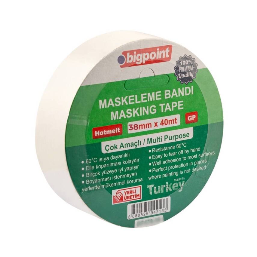 Bigpoint Maskeleme Bandı, 38 mm x 40 m, Hotmelt Tutkallı, Özel Yapışma - 1