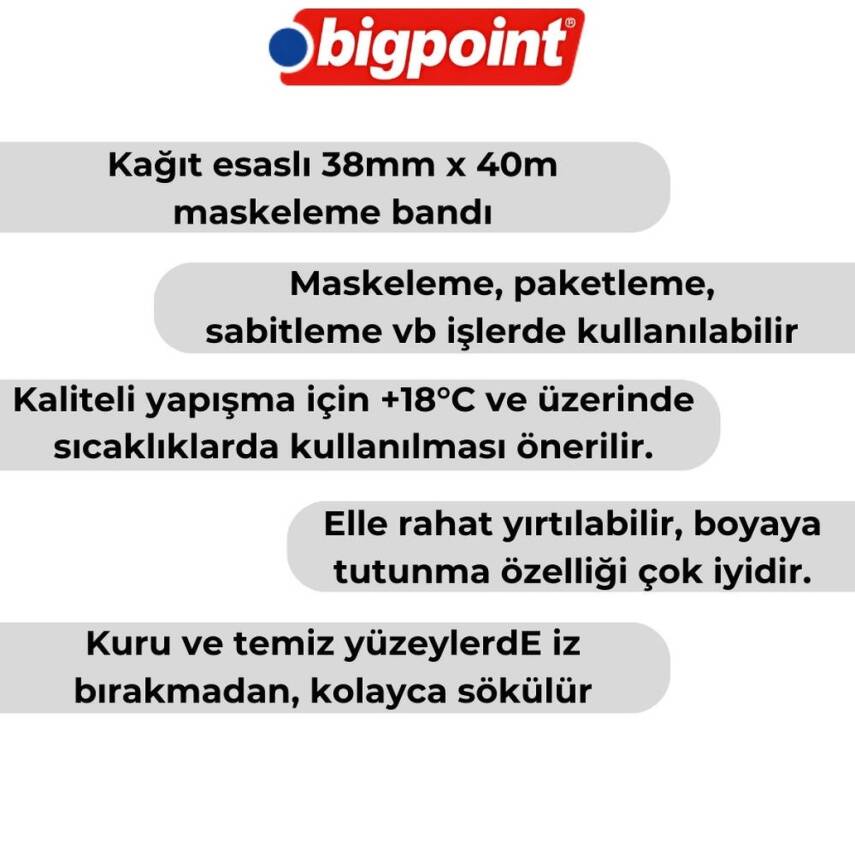 Bigpoint Maskeleme Bandı, 38 mm x 40 m, Hotmelt Tutkallı, Özel Yapışma - 4