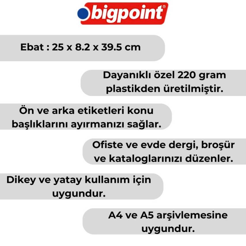 Bigpoint Plastik Kutu Klasör, Kırmızı, Dayanıklı, Dikey - Yatay, A4-A5 - 2
