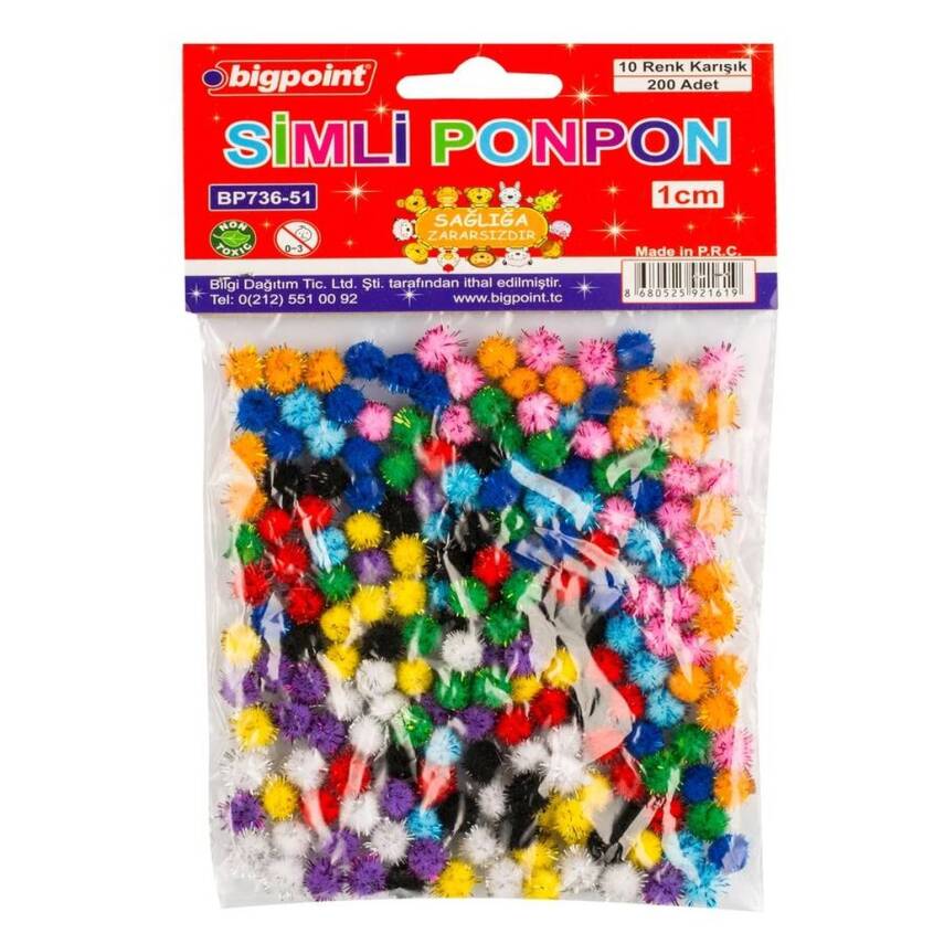 Bigpoint Simli Ponpon, 1 cm, 10 Renkli, 200’lü , El İşi İçin Uygun - 1