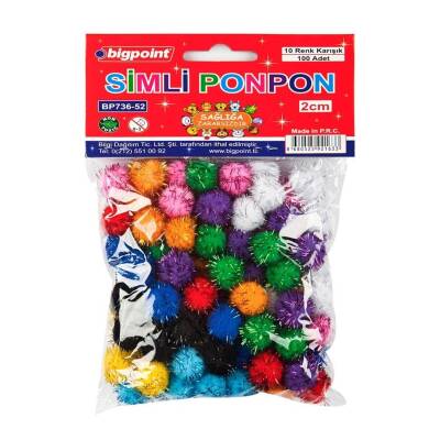 Bigpoint Simli Ponpon, 2 cm, 10 Renk, 100’lü Poşet, El İşi İçin Uygun - Bigpoint