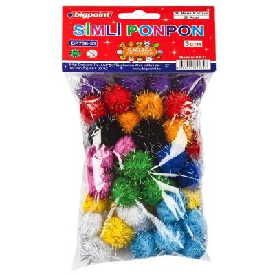 Bigpoint Simli Ponpon, 3 cm, 10 Renkli, 50’li Poşet, El İşi İçin Uygun - Bigpoint