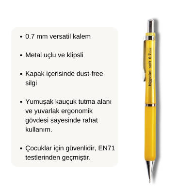 Bigpoint Soft Versatil Kalem, 0.7 mm, Metal Uç, Kauçuk Gövde, Sarı - 2