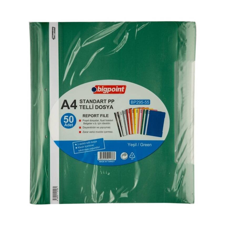 Bigpoint Telli Dosya, 50'li Paket, Standart, A4, Metal Tel, Yeşil - 2