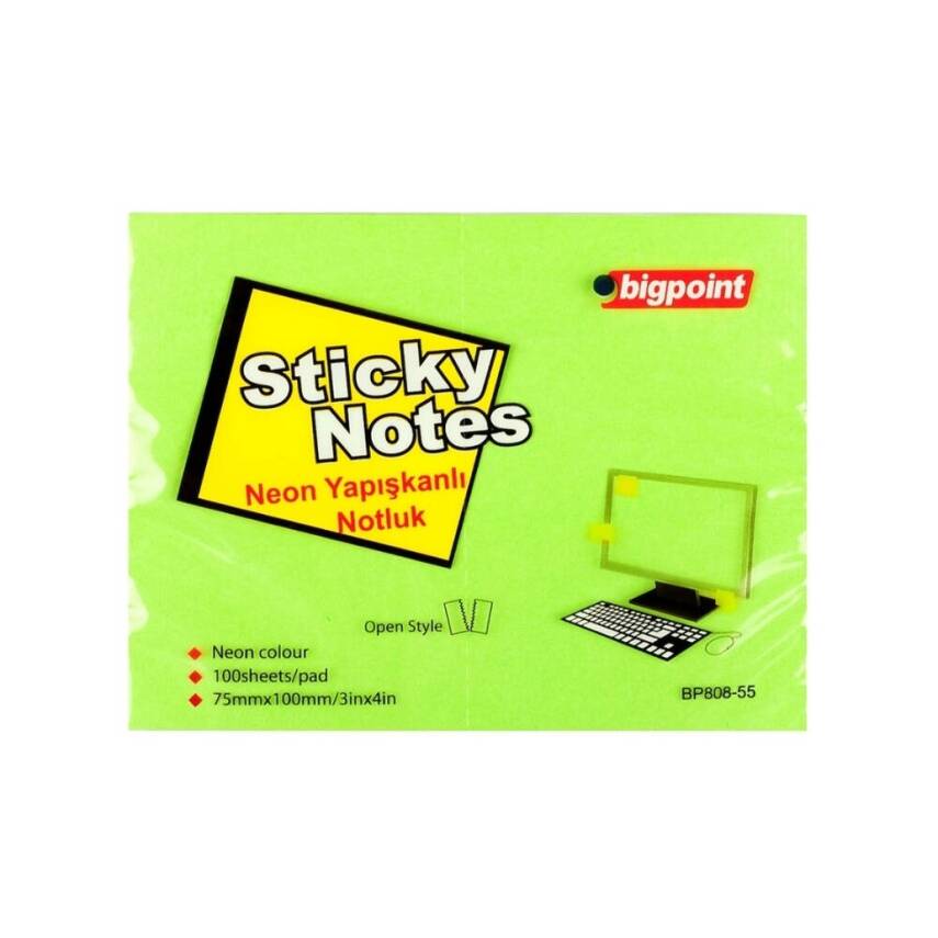 Bigpoint Postit, 75x100mm,100 Yaprak, Neon Yeşil, İz Bırakmaz - 1