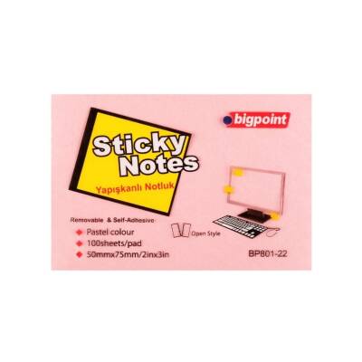 Bigpoint Postit, 75x50mm,100 Yaprak, Pembe,İz Bırakmadan Çıkar - 1