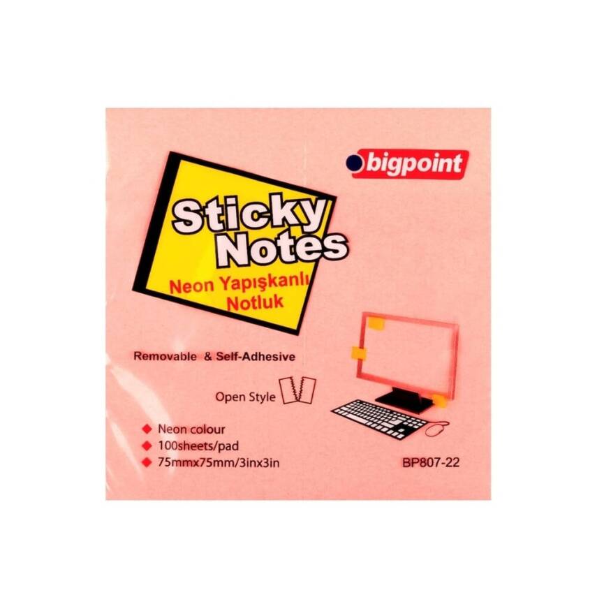 Bigpoint Postit, 75x75 mm, 100 Yaprak, Neon Pembe, İz Bırakmaz - 1