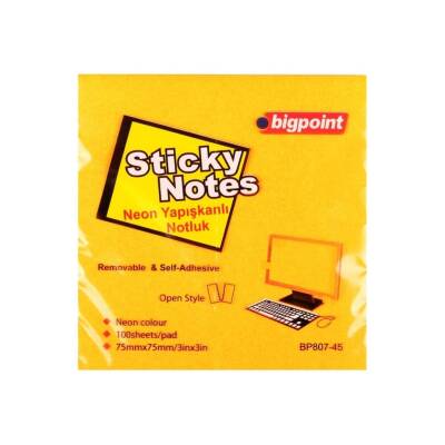 Bigpoint Postit, 75x75mm,100 Yaprak, Neon Turuncu, İz Bırakmaz - Bigpoint