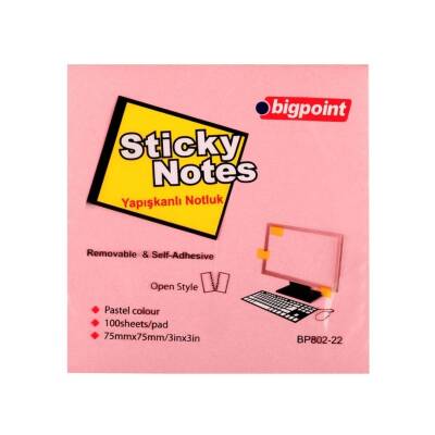 Bigpoint Postit, 75x75mm,100 Yaprak, Pembe,İz Bırakmadan Çıkar - 1