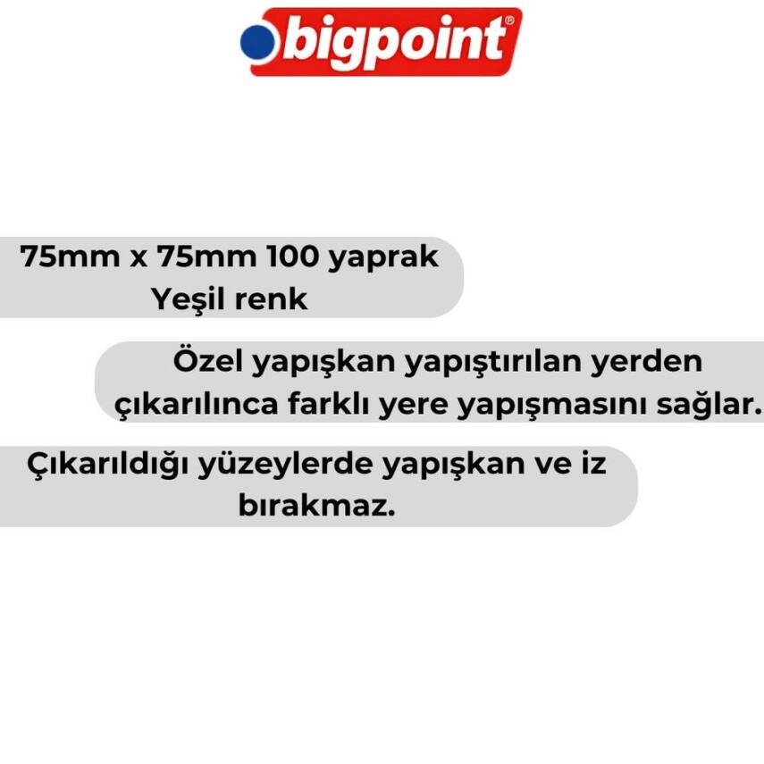 Bigpoint Postit, 75x75mm,100 Yaprak, Yeşil,İz Bırakmadan Çıkar - 2