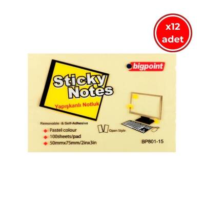 Bigpoint Postit, 12 Adet, 100 Yapraklı, 75 x 50 mm, Sarı - 1