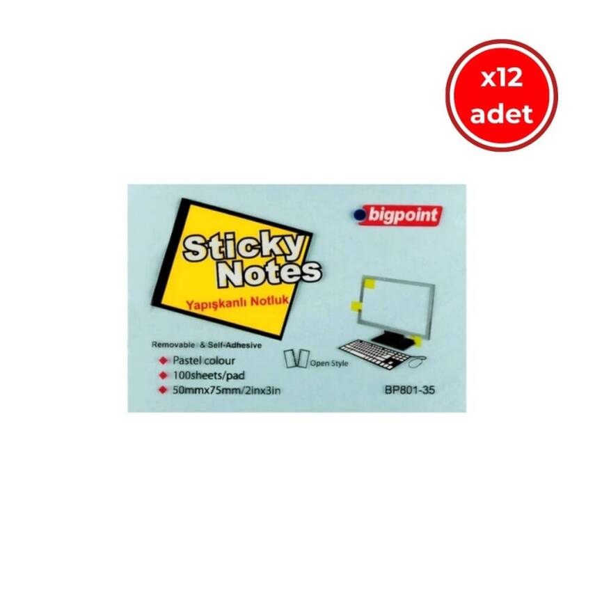 Bigpoint Postit, 12 Adet, 100 Yapraklı, 75 x 50 mm, Mavi - 1