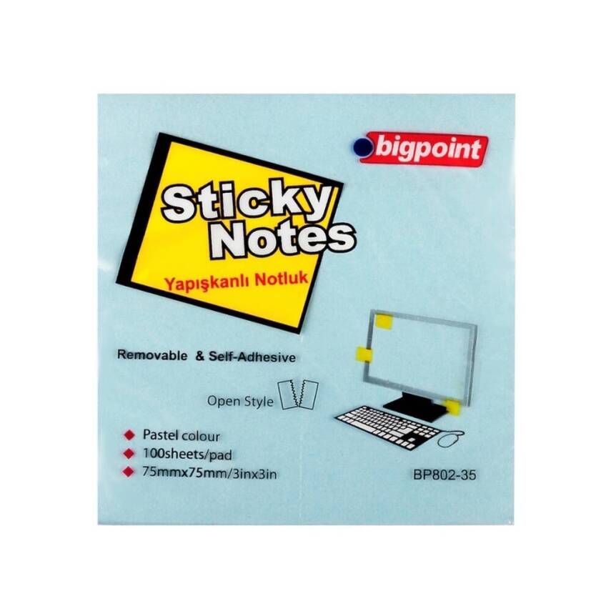 Bigpoint Postit, 12 Adet, 100 Yapraklı, 75 x 75 mm, Mavi - 2