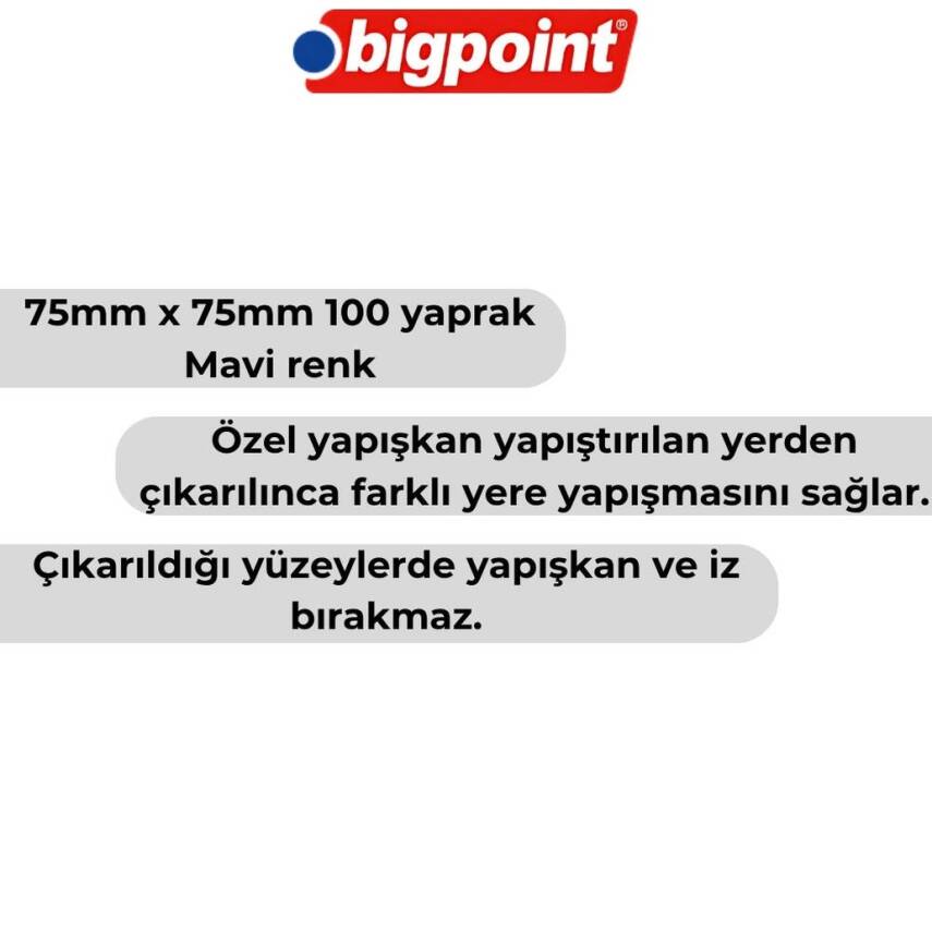 Bigpoint Postit, 12 Adet, 100 Yapraklı, 75 x 75 mm, Mavi - 3