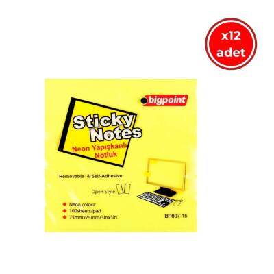 Bigpoint Postit, 12 Adet, 100 Yapraklı, 75 x 75 mm, Neon Sarı - 1