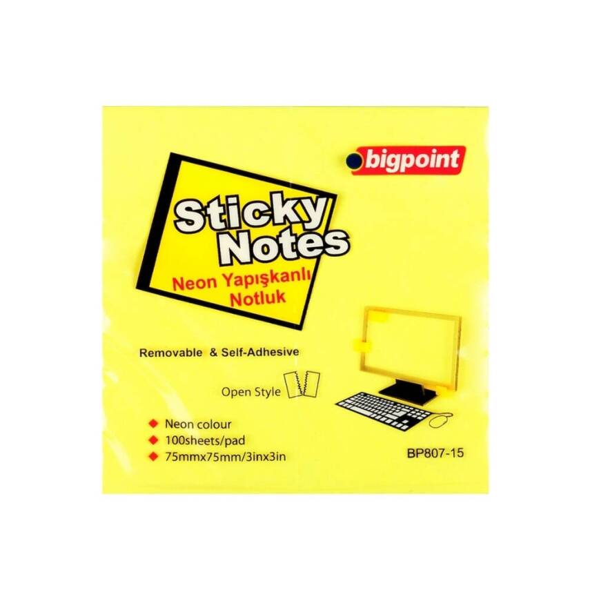 Bigpoint Postit, 12 Adet, 100 Yapraklı, 75 x 75 mm, Neon Sarı - 2