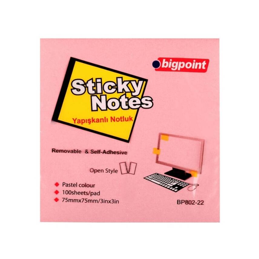 Bigpoint Postit, 12 Adet, 100 Yapraklı, 75 x 75 mm, Pembe - 2