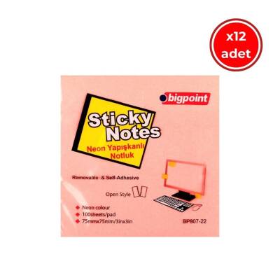 Bigpoint Postit, 12 Adet, 100 Yapraklı, 75 x 75 mm, Neon Pembe - 1