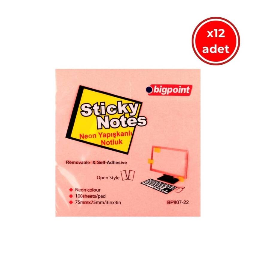 Bigpoint Postit, 12 Adet, 100 Yapraklı, 75 x 75 mm, Neon Pembe - 1