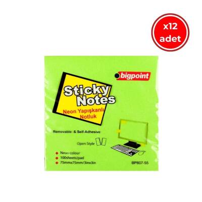 Bigpoint Postit, 12 Adet, 100 Yapraklı, 75 x 75 mm, Neon Yeşil - 1