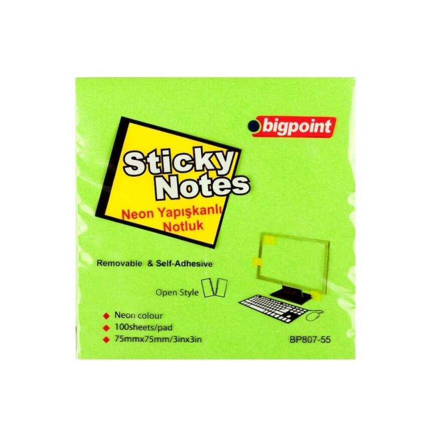 Bigpoint Postit, 12 Adet, 100 Yapraklı, 75 x 75 mm, Neon Yeşil - 2