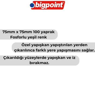 Bigpoint Postit, 12 Adet, 100 Yapraklı, 75 x 75 mm, Neon Yeşil - 3
