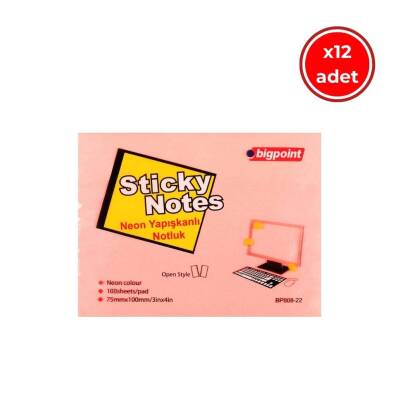 Bigpoint Postit, 12 Adet, 100 Yapraklı, 75 x 100 mm, Neon Pembe - 1