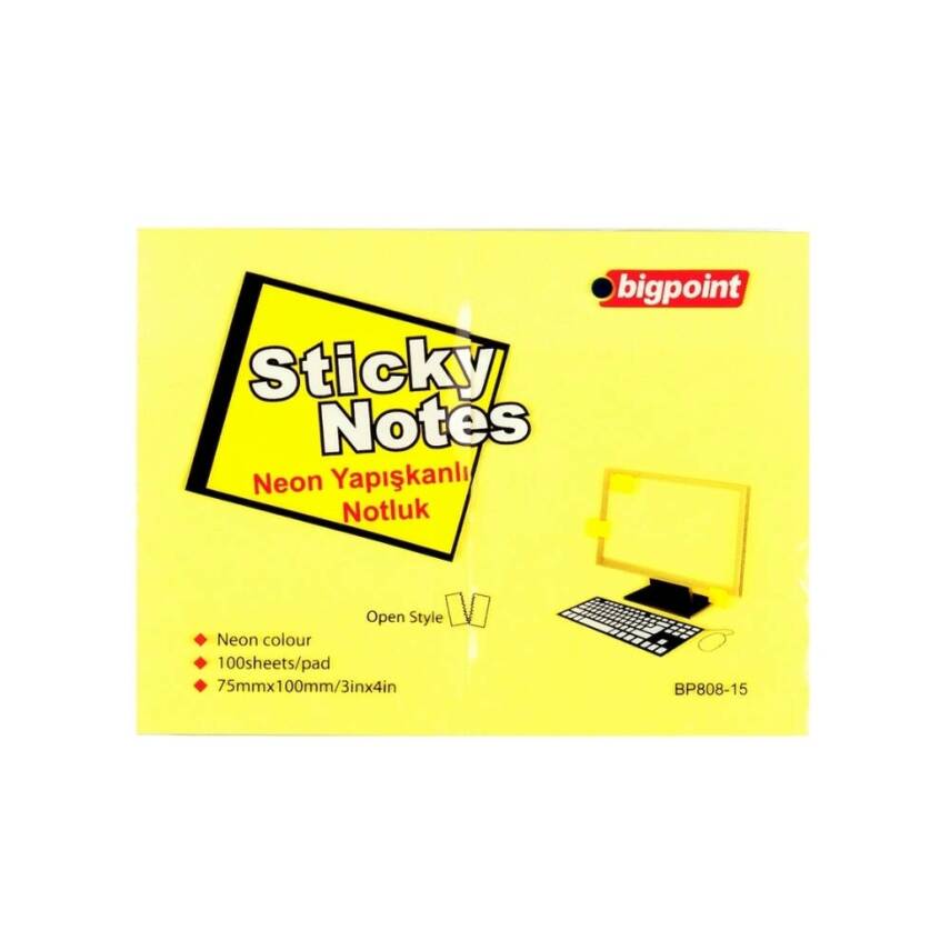 Bigpoint Postit, 12 Adet, 100 Yapraklı, 75 x 100 mm, Neon Sarı - 2