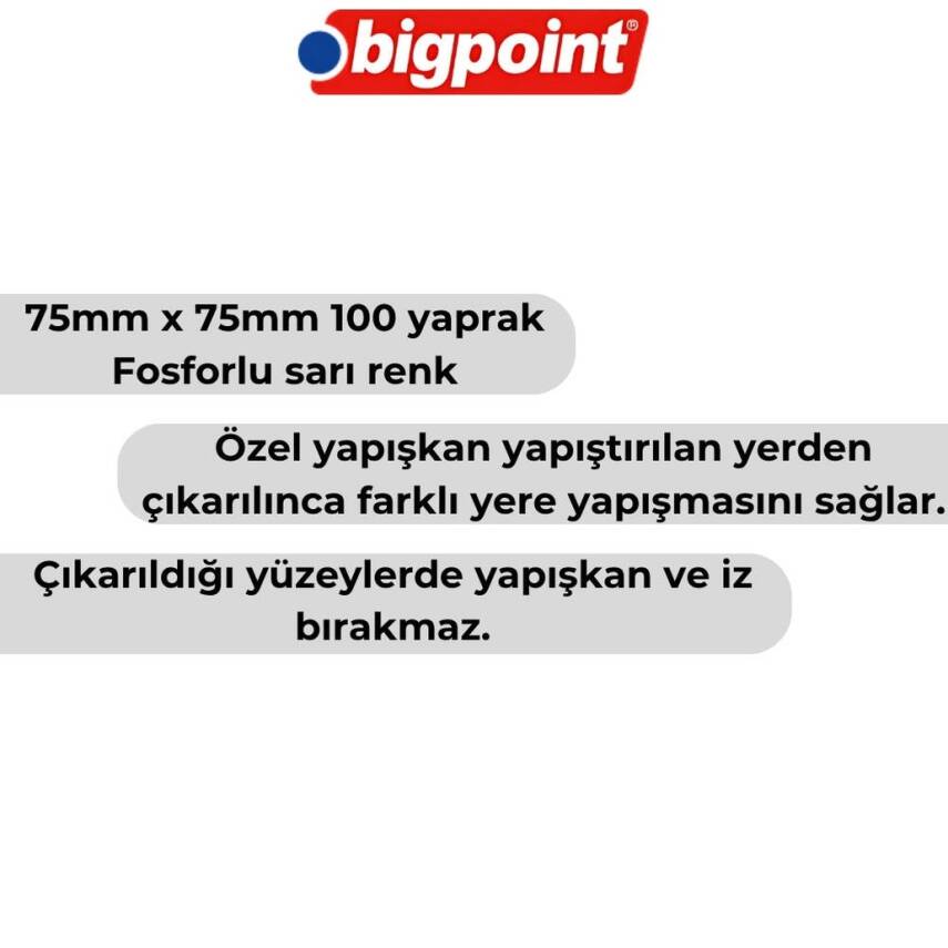 Bigpoint Postit, 12 Adet, 100 Yapraklı, 75 x 100 mm, Neon Sarı - 3